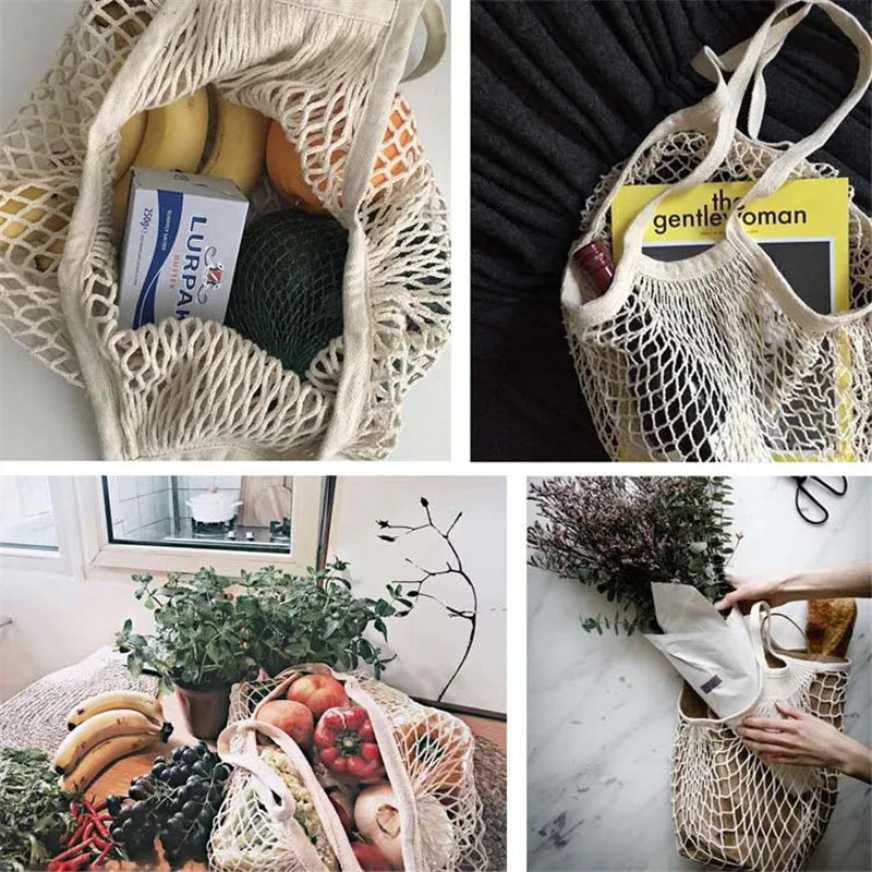 Reusable Cotton Mesh Produce Bags for Vegetable Fruit Food Kitchen Washable Grid Storage Bag Eco String bag Kitchen Organizer
