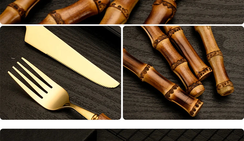 Bamboo Cutlery Sets Stainless Steel Dinnerware Sets Gold Wooden Tableware Western Food Knife Fork Teaspoon Cutleries