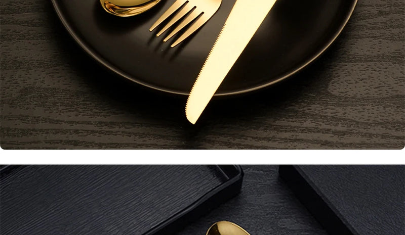 Bamboo Cutlery Sets Stainless Steel Dinnerware Sets Gold Wooden Tableware Western Food Knife Fork Teaspoon Cutleries