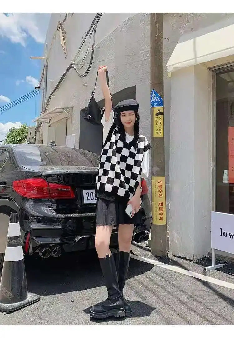 Sweater Vest Autumn New Womens Sweet Chic Leisure Soft Plaid Simple All-match Japanese Style Loose V-neck Fashion Daily Students