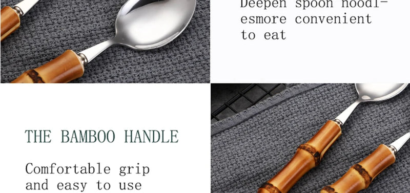 Natural Bamboo Handle Cutlery Set,Stainless Steel Dinnerware,Kitchen Silverware Flatware,Includes Forks Spoons Knives Tableware