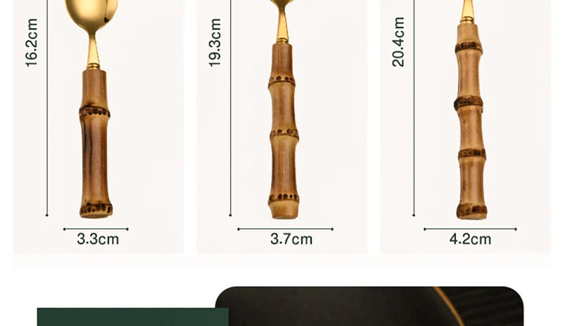 Bamboo Cutlery Sets Stainless Steel Dinnerware Sets Gold Wooden Tableware Western Food Knife Fork Teaspoon Cutleries
