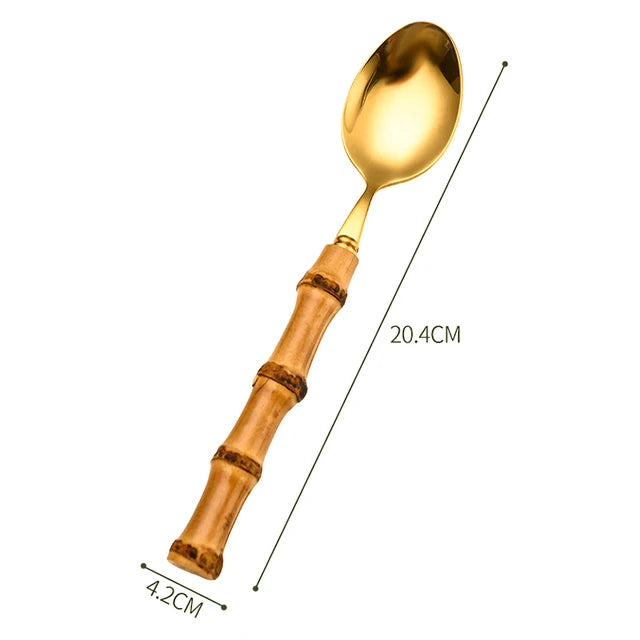 Bamboo Cutlery Sets Stainless Steel Dinnerware Sets Gold Wooden Tableware Western Food Knife Fork Teaspoon Cutleries