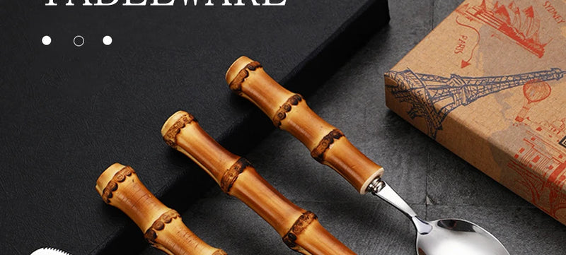 Natural Bamboo Handle Cutlery Set,Stainless Steel Dinnerware,Kitchen Silverware Flatware,Includes Forks Spoons Knives Tableware