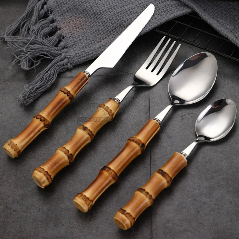 Natural Bamboo Handle Cutlery Set,Stainless Steel Dinnerware,Kitchen Silverware Flatware,Includes Forks Spoons Knives Tableware