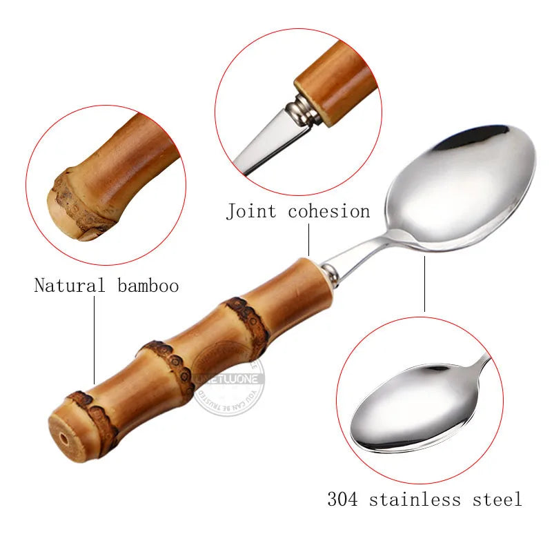 Natural Bamboo Handle Cutlery Set,Stainless Steel Dinnerware,Kitchen Silverware Flatware,Includes Forks Spoons Knives Tableware