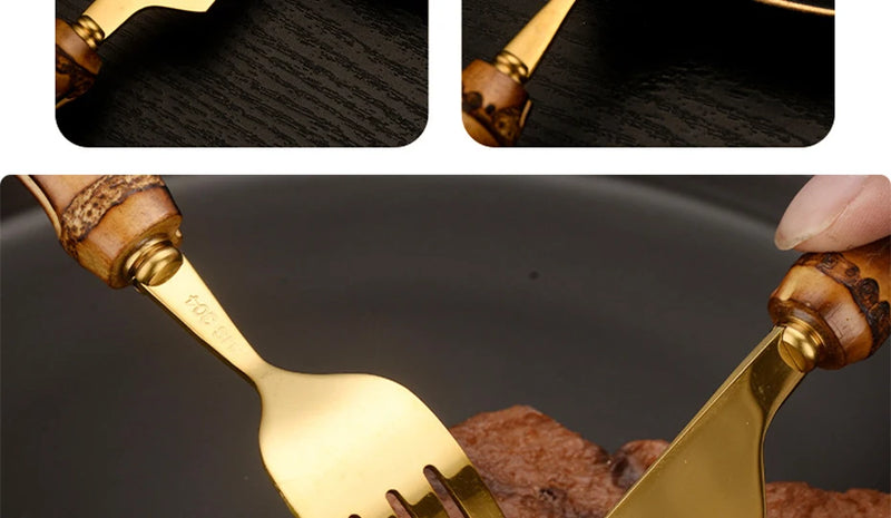 Bamboo Cutlery Sets Stainless Steel Dinnerware Sets Gold Wooden Tableware Western Food Knife Fork Teaspoon Cutleries