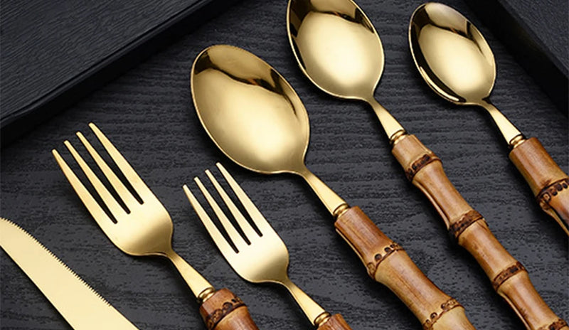 Bamboo Cutlery Sets Stainless Steel Dinnerware Sets Gold Wooden Tableware Western Food Knife Fork Teaspoon Cutleries