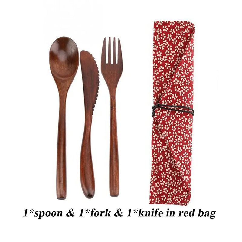 New Portable Reusable Wooden Cutlery Bamboo Flatware  With Bags Spoon Fork Cutter Dinnerware Tableware Dinnerware Sets
