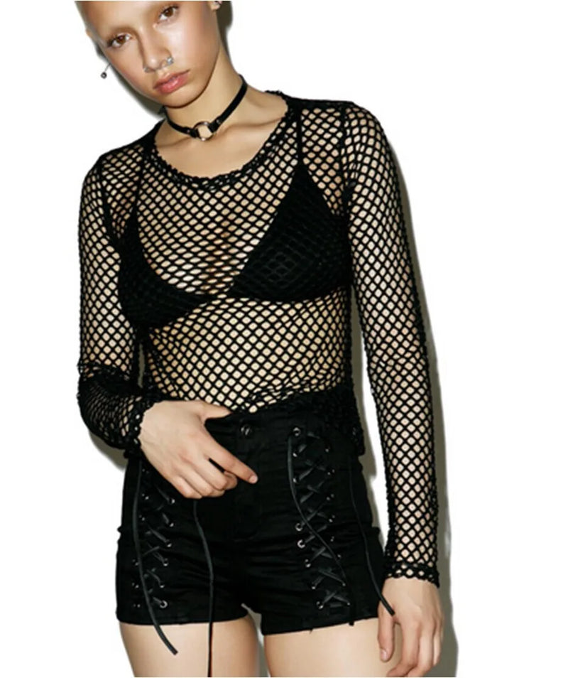 Sexy Sheer Mesh Fishnet Long Sleeve Tops Women T shirt Perspective Tee Shirt Solid Black White vestidos