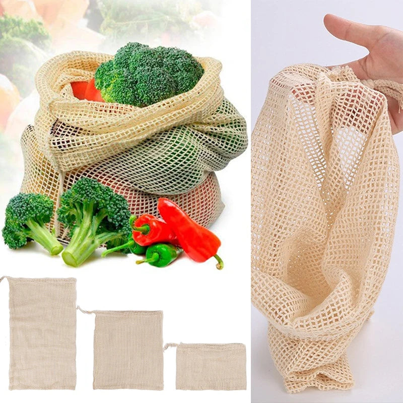 Cotton Mesh Vegetable Bags Produce Bag Reusable Cotton Mesh Vegetable Storage Bag Kitchen Fruit Vegetable with Drawstring