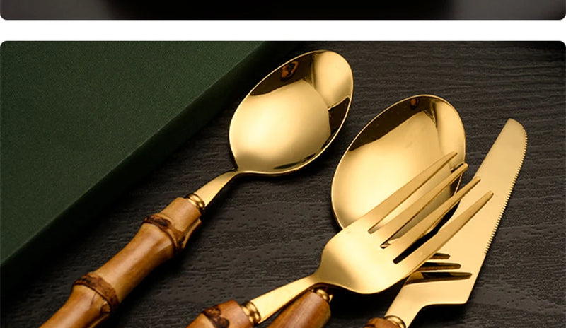 Bamboo Cutlery Sets Stainless Steel Dinnerware Sets Gold Wooden Tableware Western Food Knife Fork Teaspoon Cutleries