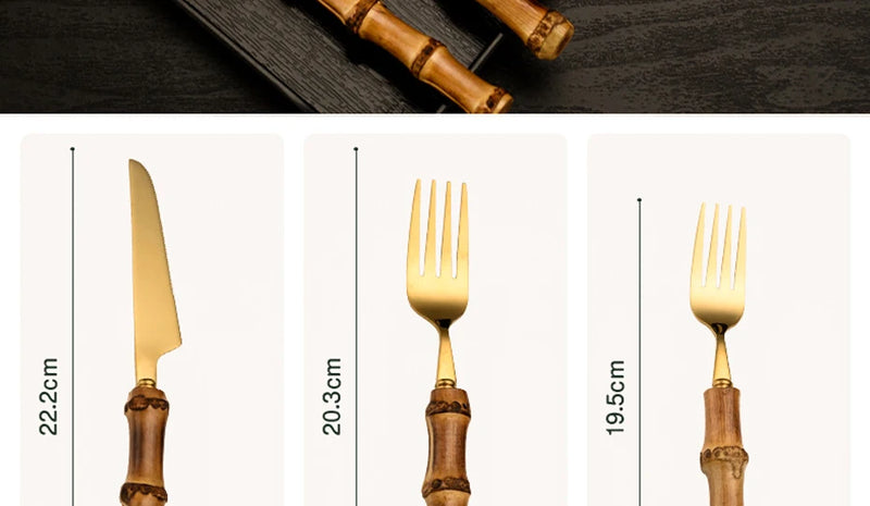 Bamboo Cutlery Sets Stainless Steel Dinnerware Sets Gold Wooden Tableware Western Food Knife Fork Teaspoon Cutleries