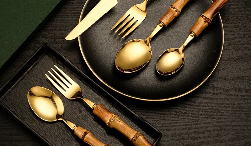 Bamboo Cutlery Sets Stainless Steel Dinnerware Sets Gold Wooden Tableware Western Food Knife Fork Teaspoon Cutleries