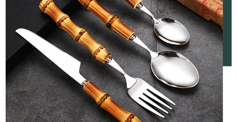Natural Bamboo Handle Cutlery Set,Stainless Steel Dinnerware,Kitchen Silverware Flatware,Includes Forks Spoons Knives Tableware