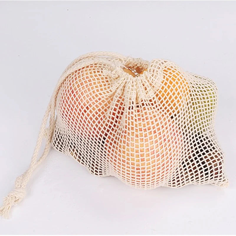 Reusable Cotton Mesh Produce Bags for Vegetable Fruit Food Kitchen Washable Grid Storage Bag Eco String bag Kitchen Organizer