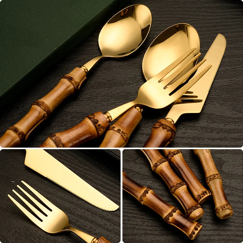 Bamboo Cutlery Sets Stainless Steel Dinnerware Sets Gold Wooden Tableware Western Food Knife Fork Teaspoon Cutleries