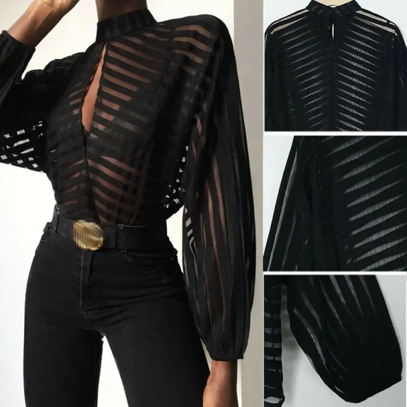 Women Mesh Net Blouse Sheer Long Sleeve Ladies Shirt Black Front Hollow Sexy Tops Womens Clothing Summer Female Blouses hot