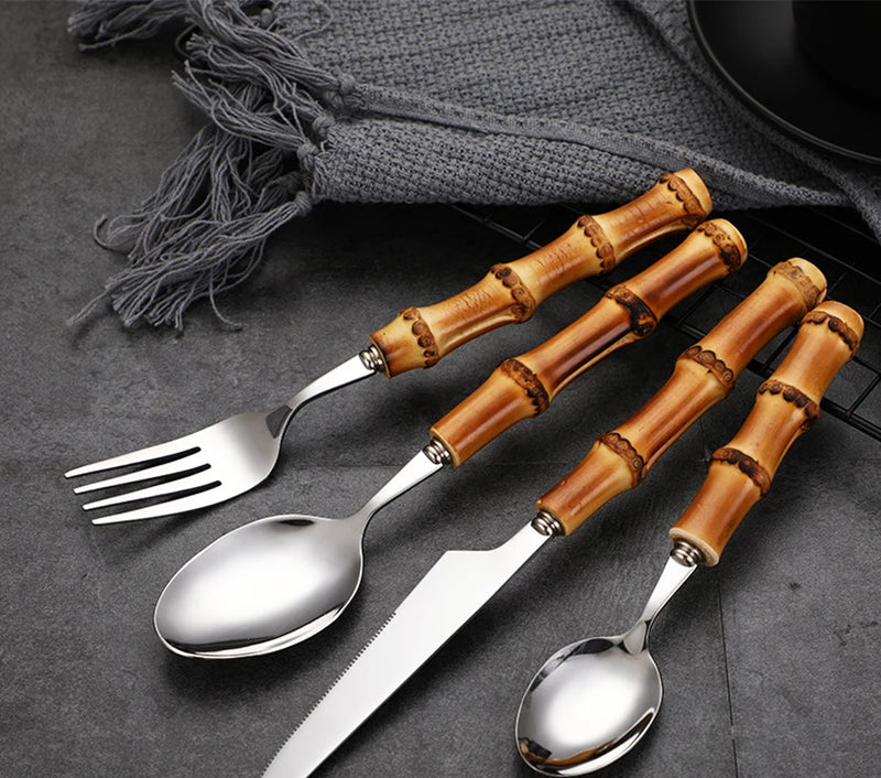 Natural Bamboo Handle Cutlery Set,Stainless Steel Dinnerware,Kitchen Silverware Flatware,Includes Forks Spoons Knives Tableware