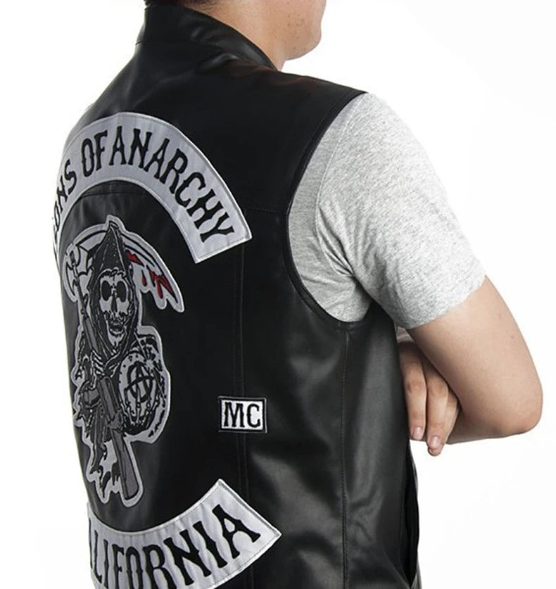 Men Motorcycle Spring Jackets SOA Punk Black Motorbike Gilet Sons of Anarchy Leather Moto Jacket Vest