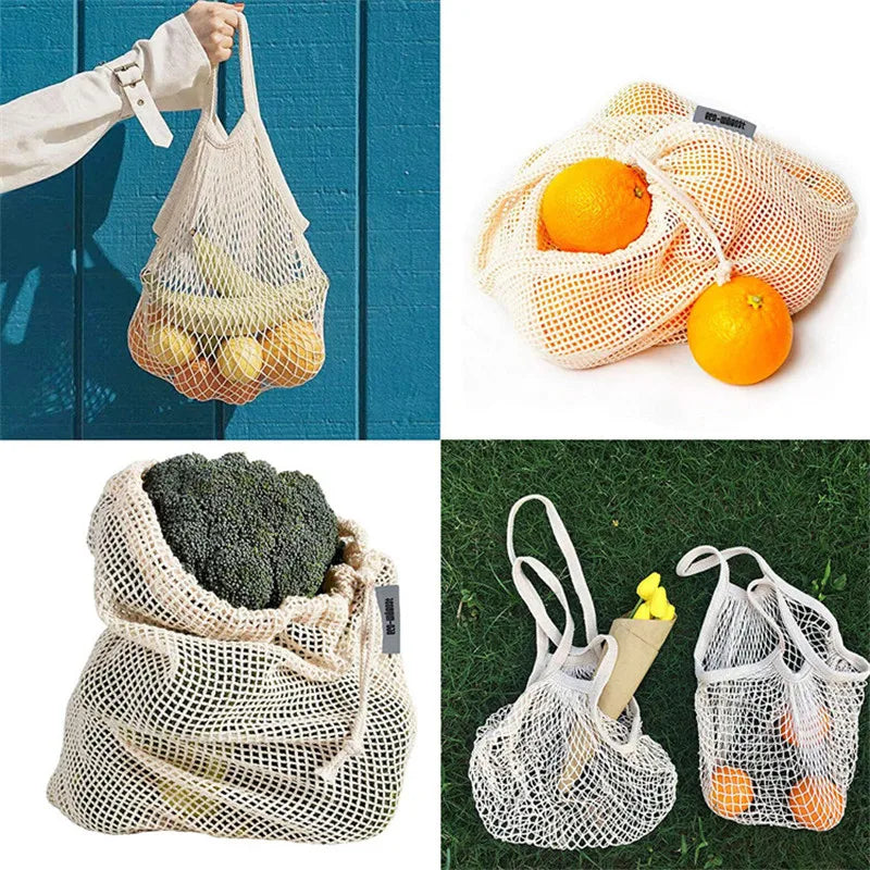 Reusable Cotton Mesh Produce Bags for Vegetable Fruit Food Kitchen Washable Grid Storage Bag Eco String bag Kitchen Organizer