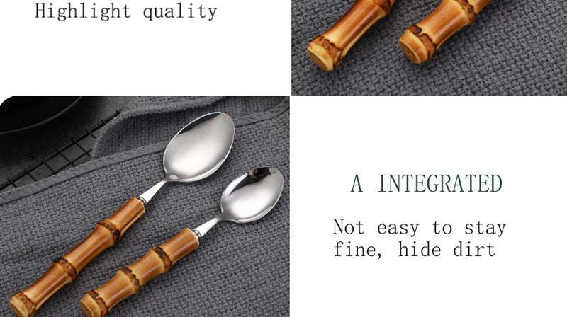 Natural Bamboo Handle Cutlery Set,Stainless Steel Dinnerware,Kitchen Silverware Flatware,Includes Forks Spoons Knives Tableware