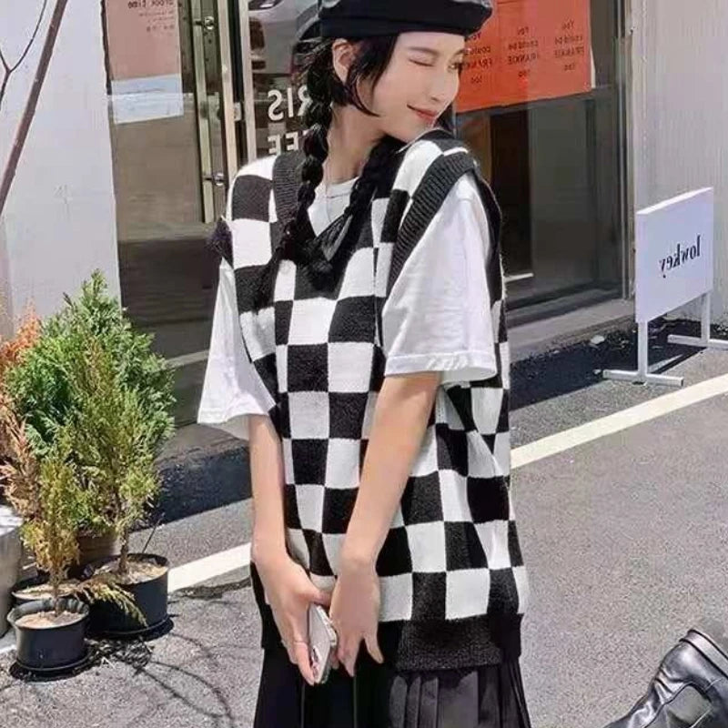 Sweater Vest Autumn New Womens Sweet Chic Leisure Soft Plaid Simple All-match Japanese Style Loose V-neck Fashion Daily Students