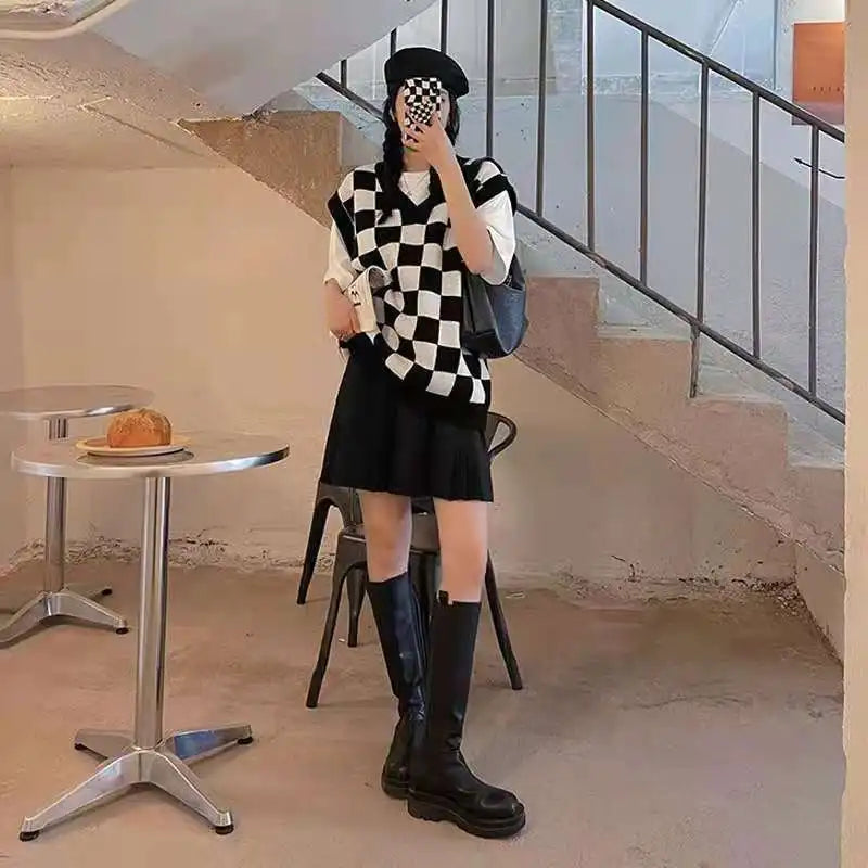 Sweater Vest Autumn New Womens Sweet Chic Leisure Soft Plaid Simple All-match Japanese Style Loose V-neck Fashion Daily Students