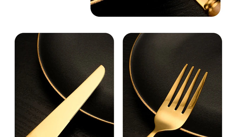 Bamboo Cutlery Sets Stainless Steel Dinnerware Sets Gold Wooden Tableware Western Food Knife Fork Teaspoon Cutleries