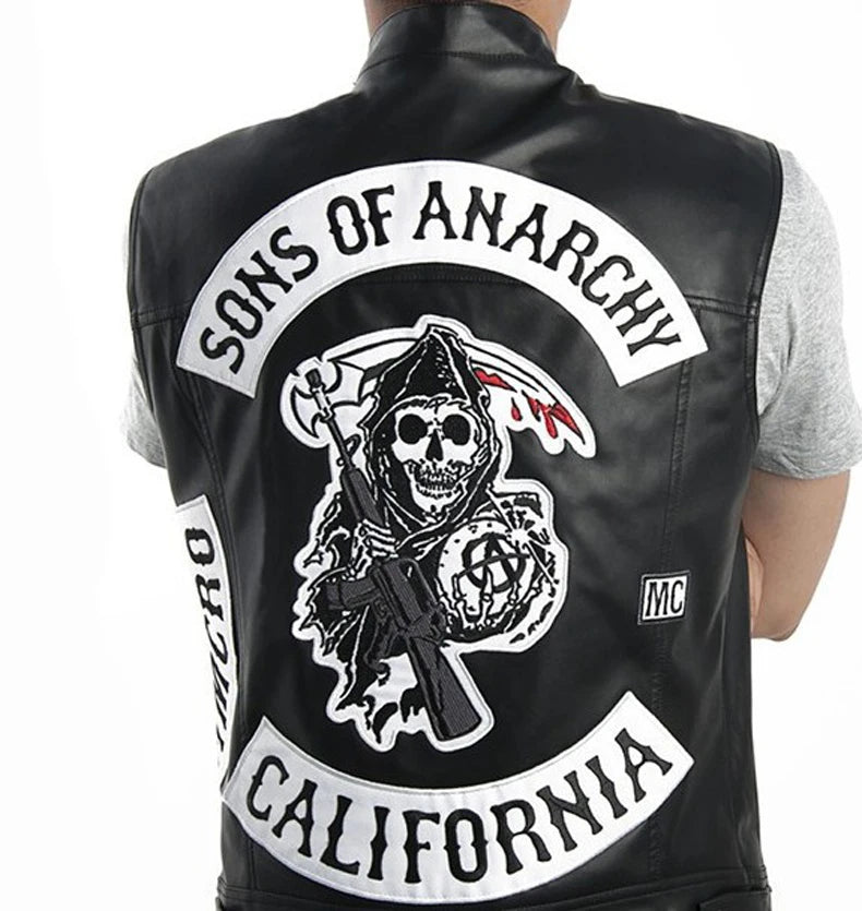 Men Motorcycle Spring Jackets SOA Punk Black Motorbike Gilet Sons of Anarchy Leather Moto Jacket Vest