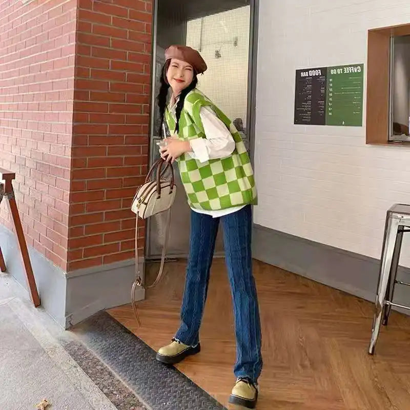 Sweater Vest Autumn New Womens Sweet Chic Leisure Soft Plaid Simple All-match Japanese Style Loose V-neck Fashion Daily Students