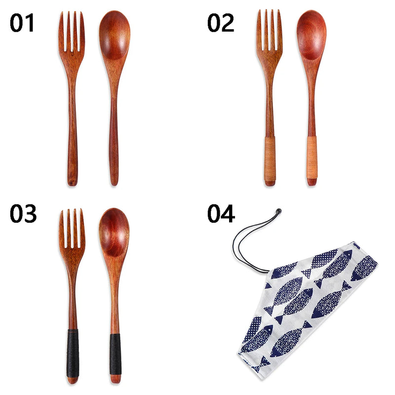 New Portable Reusable Wooden Cutlery Bamboo Flatware  With Bags Spoon Fork Cutter Dinnerware Tableware Dinnerware Sets