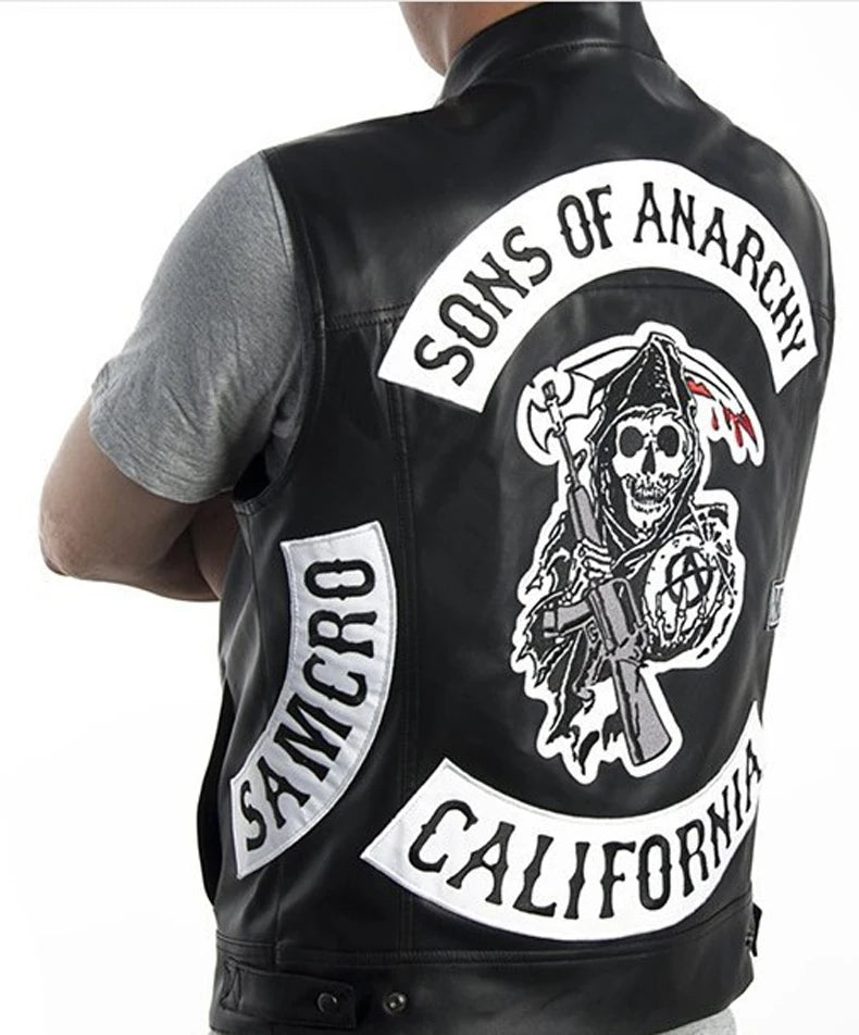 Men Motorcycle Spring Jackets SOA Punk Black Motorbike Gilet Sons of Anarchy Leather Moto Jacket Vest