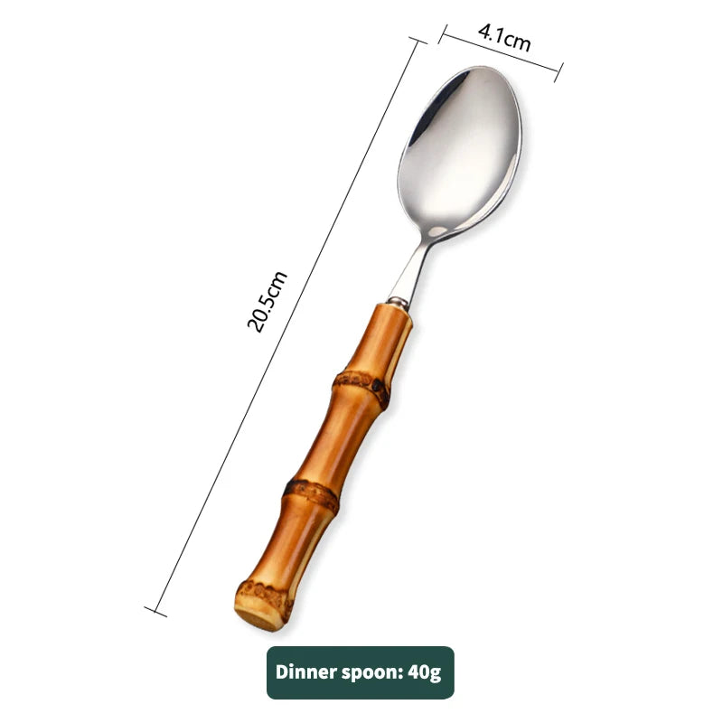 Natural Bamboo Handle Cutlery Set,Stainless Steel Dinnerware,Kitchen Silverware Flatware,Includes Forks Spoons Knives Tableware