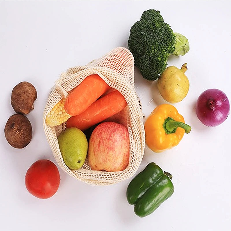 Cotton Mesh Vegetable Bags Produce Bag Reusable Cotton Mesh Vegetable Storage Bag Kitchen Fruit Vegetable with Drawstring