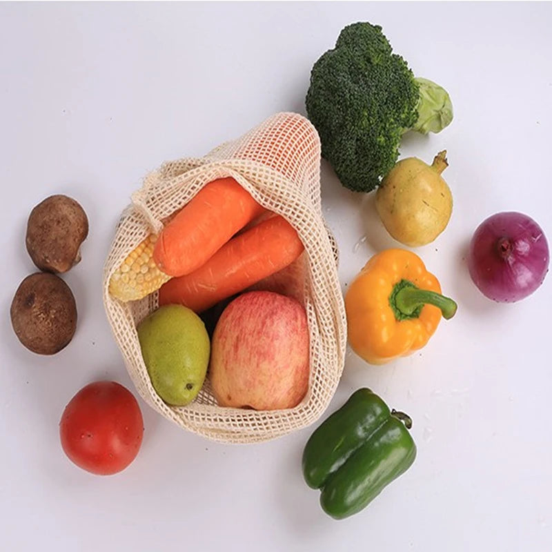 Cotton Mesh Vegetable Bags Produce Bag Reusable Cotton Mesh Vegetable Storage Bag Kitchen Fruit Vegetable with Drawstring