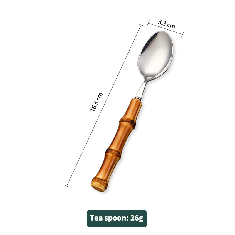 Natural Bamboo Handle Cutlery Set,Stainless Steel Dinnerware,Kitchen Silverware Flatware,Includes Forks Spoons Knives Tableware