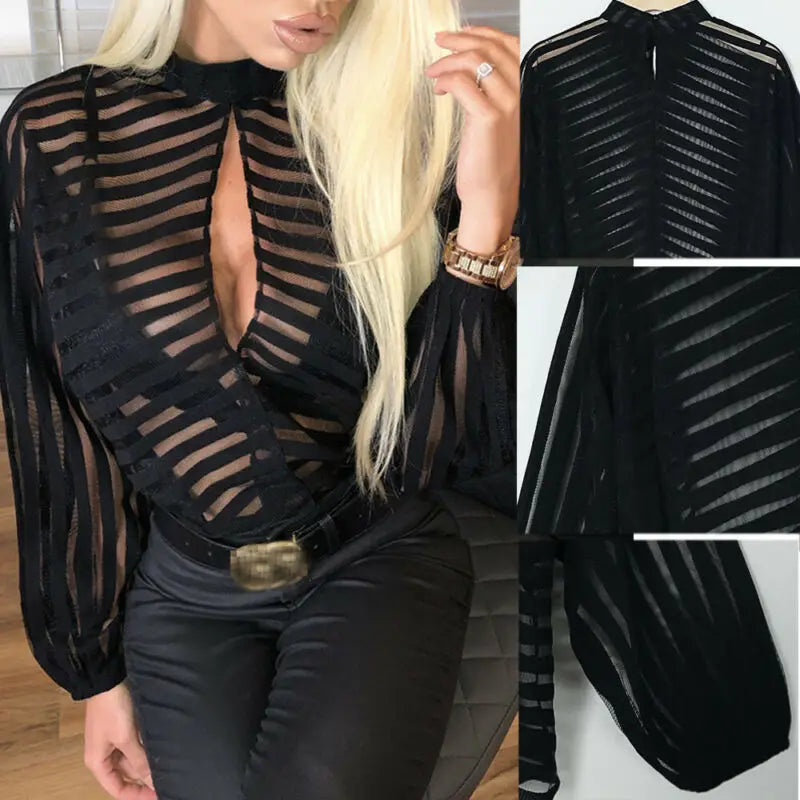 Women Mesh Net Blouse Sheer Long Sleeve Ladies Shirt Black Front Hollow Sexy Tops Womens Clothing Summer Female Blouses hot