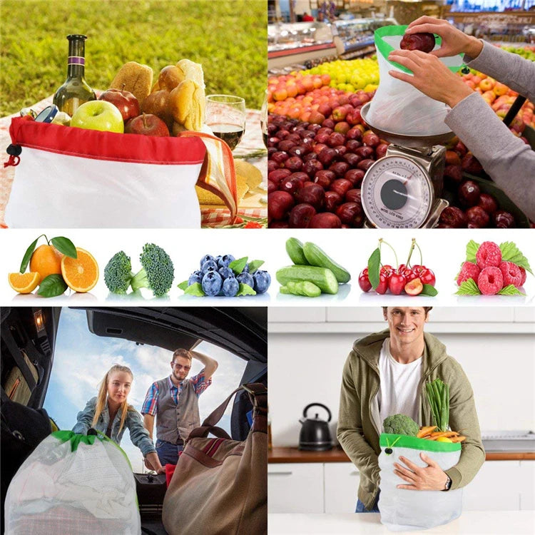 LMETJMA 12Pcs/set Reusable Mesh Produce Bags Premium Polyester Washable Mesh Bags for Vegetables Fruits Toys JT226