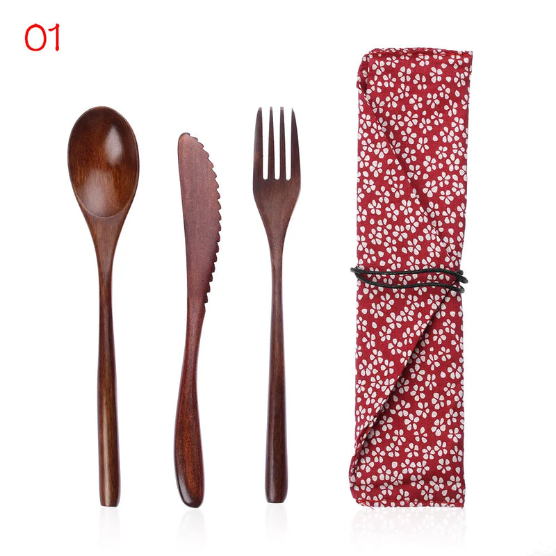 New Portable Reusable Wooden Cutlery Bamboo Flatware  With Bags Spoon Fork Cutter Dinnerware Tableware Dinnerware Sets