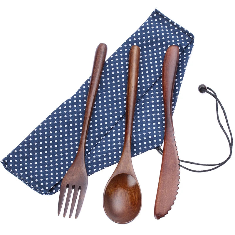 New Portable Reusable Wooden Cutlery Bamboo Flatware  With Bags Spoon Fork Cutter Dinnerware Tableware Dinnerware Sets