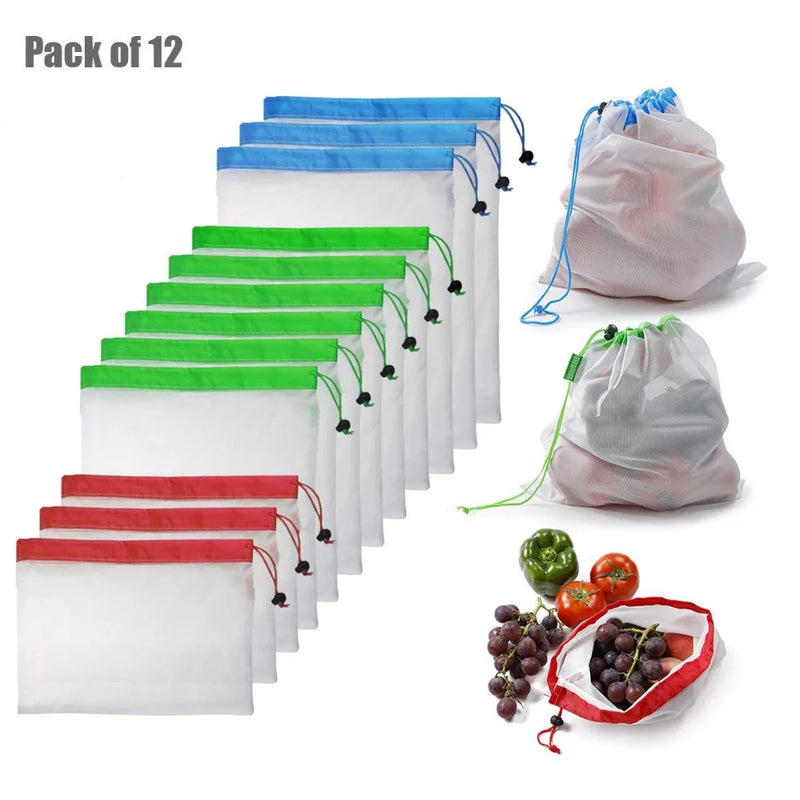 LMETJMA 12Pcs/set Reusable Mesh Produce Bags Premium Polyester Washable Mesh Bags for Vegetables Fruits Toys JT226