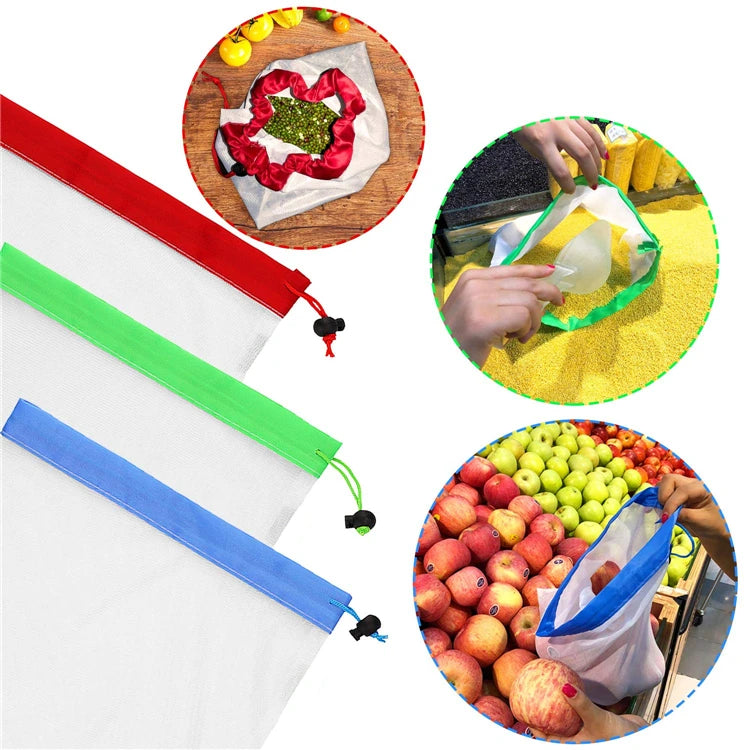 LMETJMA 12Pcs/set Reusable Mesh Produce Bags Premium Polyester Washable Mesh Bags for Vegetables Fruits Toys JT226