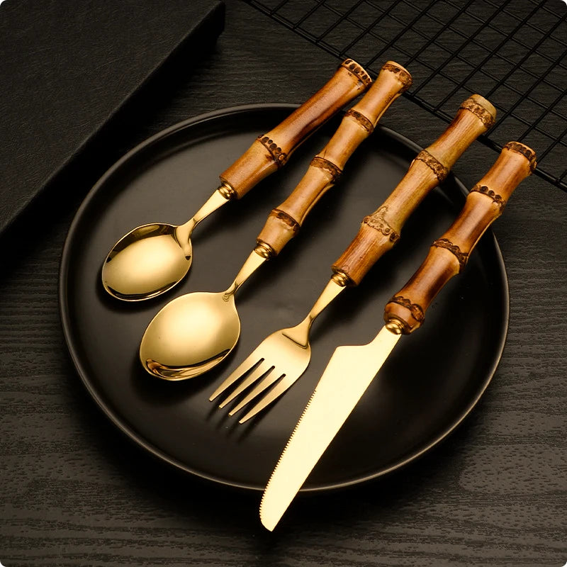 Bamboo Cutlery Sets Stainless Steel Dinnerware Sets Gold Wooden Tableware Western Food Knife Fork Teaspoon Cutleries