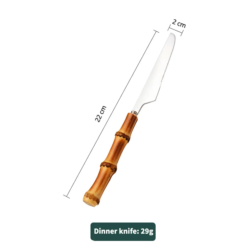 Natural Bamboo Handle Cutlery Set,Stainless Steel Dinnerware,Kitchen Silverware Flatware,Includes Forks Spoons Knives Tableware