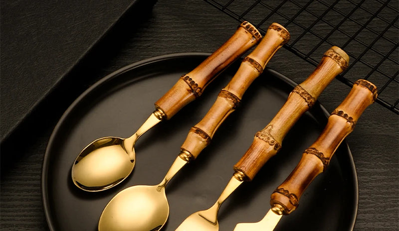Bamboo Cutlery Sets Stainless Steel Dinnerware Sets Gold Wooden Tableware Western Food Knife Fork Teaspoon Cutleries