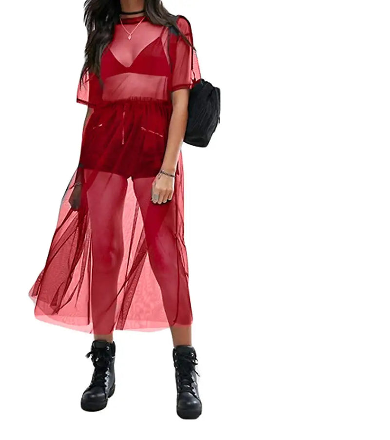 Sexy T Shirt Mesh Sheer Dress Women See-through Cover Up Top T Shirt Fashion Transparent  Short Sleeve Casual Summer Beach Tops