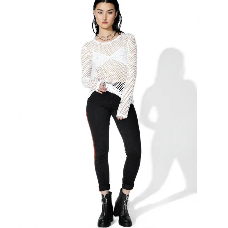 Sexy Sheer Mesh Fishnet Long Sleeve Tops Women T shirt Perspective Tee Shirt Solid Black White vestidos