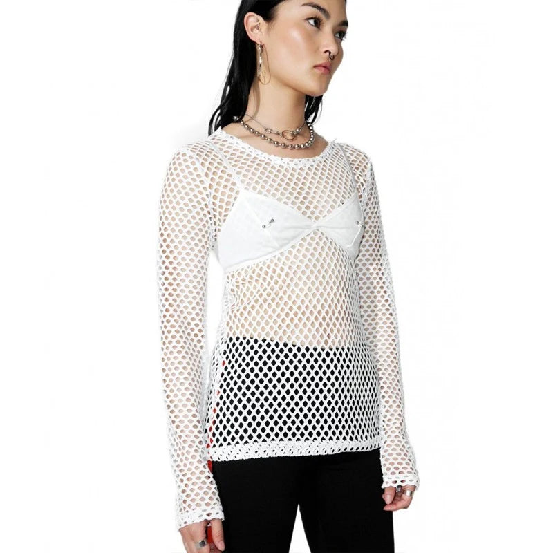 Sexy Sheer Mesh Fishnet Long Sleeve Tops Women T shirt Perspective Tee Shirt Solid Black White vestidos