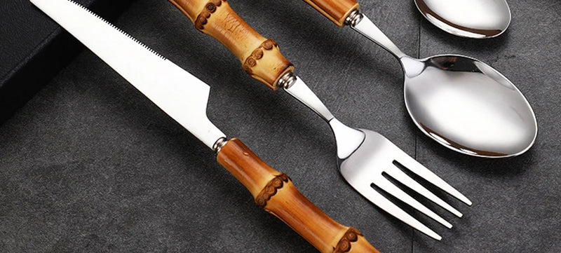 Natural Bamboo Handle Cutlery Set,Stainless Steel Dinnerware,Kitchen Silverware Flatware,Includes Forks Spoons Knives Tableware